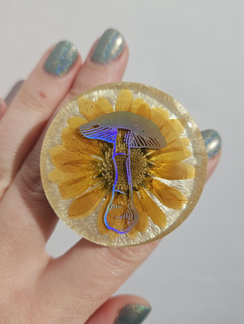 Handmade Holographic Gold Mushroom Resin Phone Grip Sunflower Girly Cute Cottage